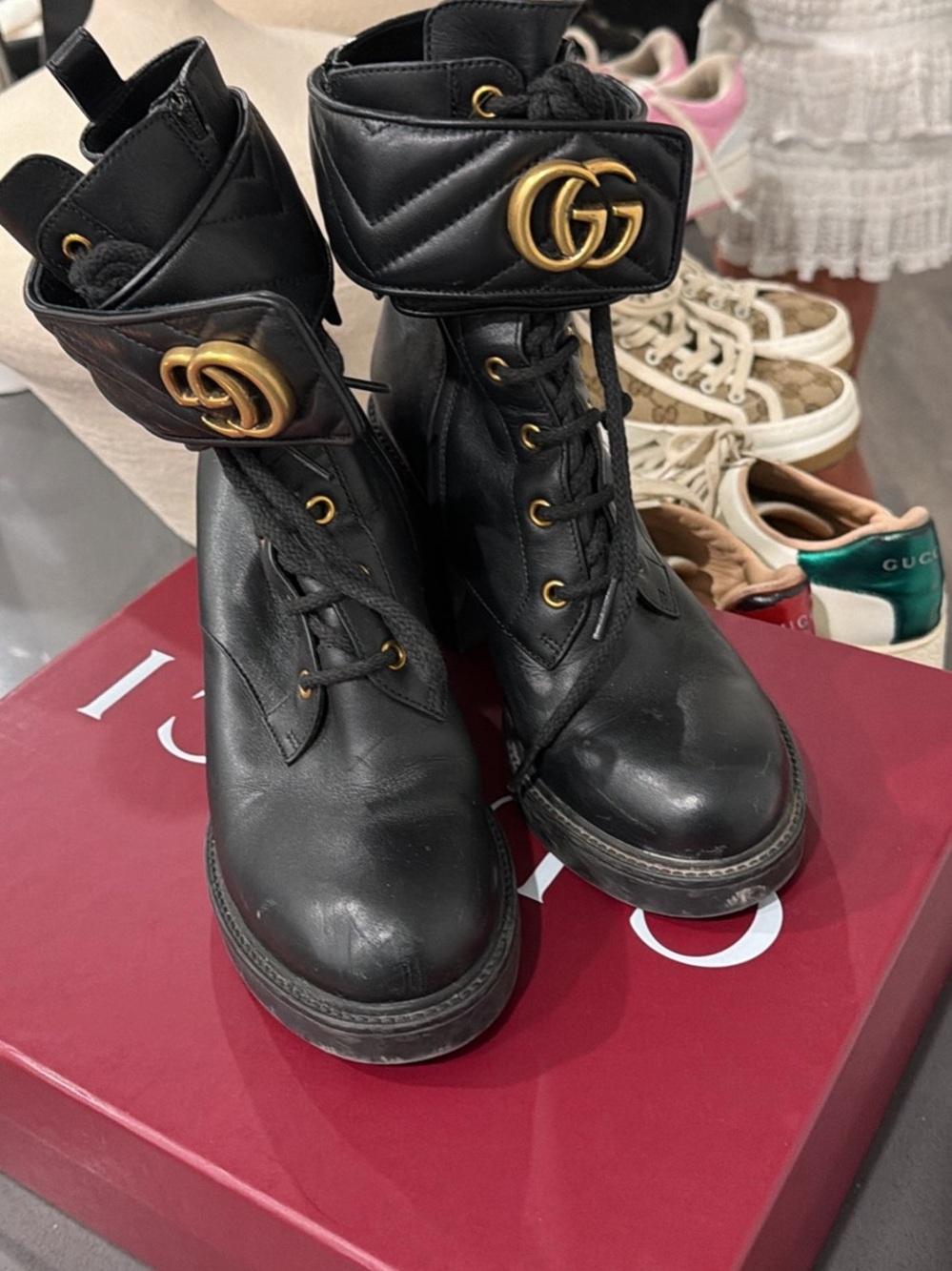 Gucci Black Leather Lace-Up Combat Boots with Gold GG Hardware